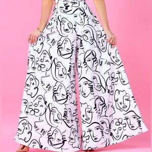 Face Graphic Print Palazzo Pants (White)